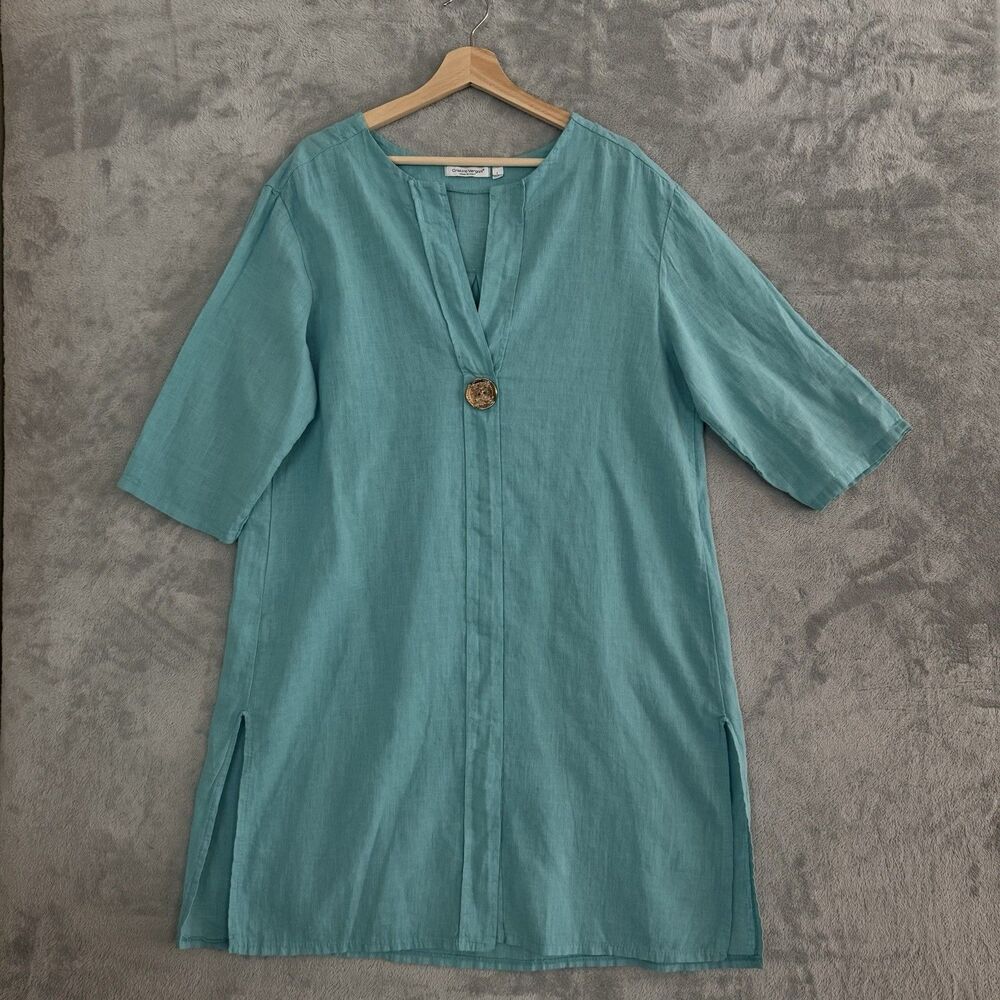 Cristina Vergani Linen Blend Dress Large Turquoise Italy Lagenlook Boho Midi